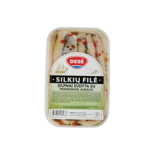 Silpnai sūdyta silkių filė DESĖ, su priesk., aliejuje, 700 g/pak.